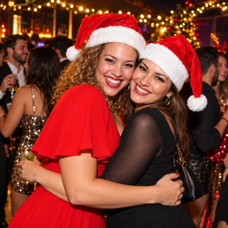 Two friends in Santa hats celebrating together